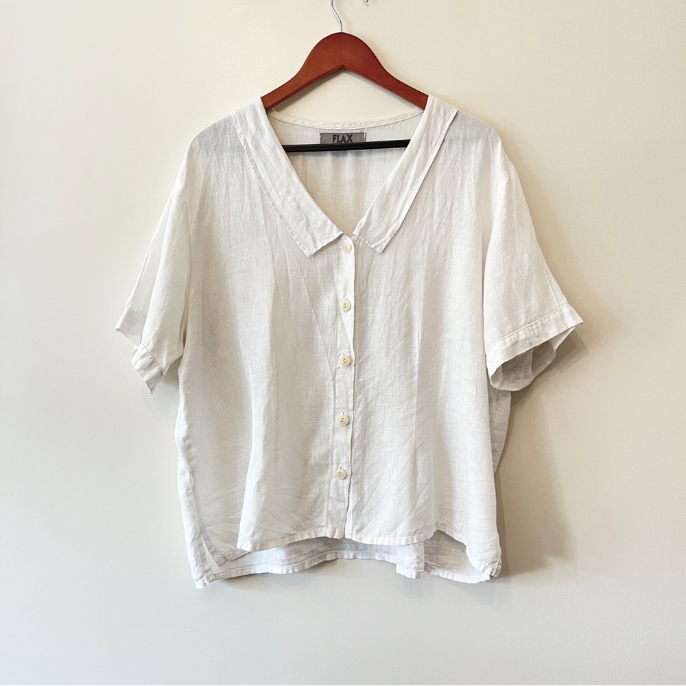 FLAX 100% linen white short sleeve button down shirt